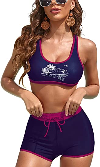 Photo 1 of MEDIUM LECAPO Women Sport Bikini Athletic Two Piece High Waisted Swimsuits Racerback Cutout Swimwear with Boyshort Bathing Suit
