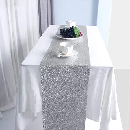 Photo 1 of 2 packs Table Runners 72 Inches Long, Wrinkle Free Sequin Rectangle Table Runners, Silver Table Decorations for Wedding Barbie Birthday Bridal Shower Parties (Silver)