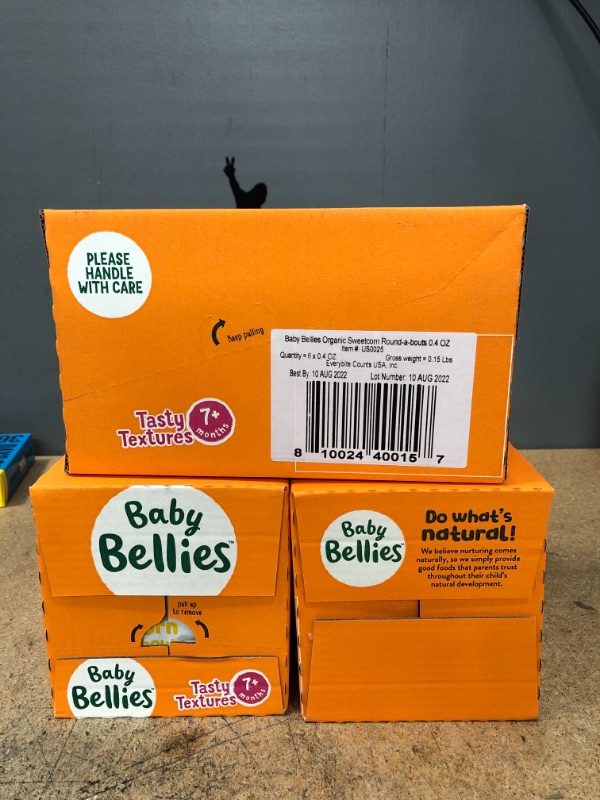 Photo 2 of ** EXP: 10 AUG 2022 **    ** SETS OF 3 **
Baby Bellies Organic Round-a-bouts Baby Individual Snack Packs, Sweetcorn, Pack of 6
