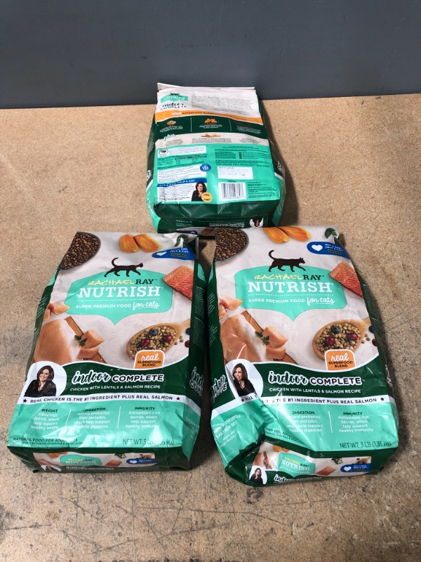 Photo 2 of *** EXP: DEC 15 2022 ***     ** SETS OF 3 **
Rachael Ray Nutrish Indoor Complete Premium Natural Dry Cat Food, Chicken with Lentils & Salmon Recipe, 3 Pounds (Packaging May Vary)
