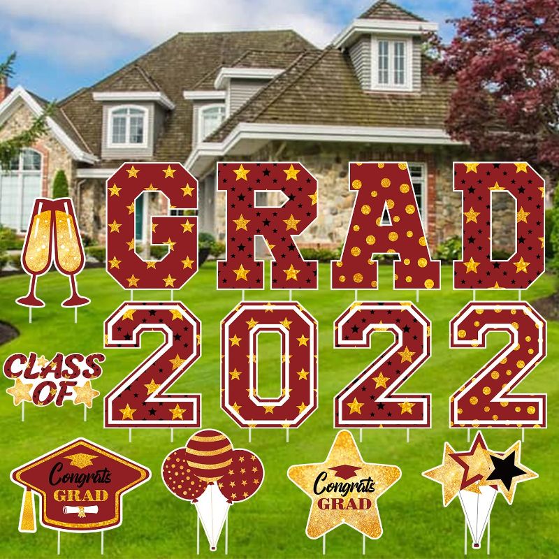 Photo 1 of 14 Pcs Maroon Graduation Party Decorations 2022 Waterproof Graduation Yard Signs Large 16 Inch Congrats Grad Yard Signs Class of 2022 Graduation Yard Sign with Stakes for Graduation Party Decorations Supplies
