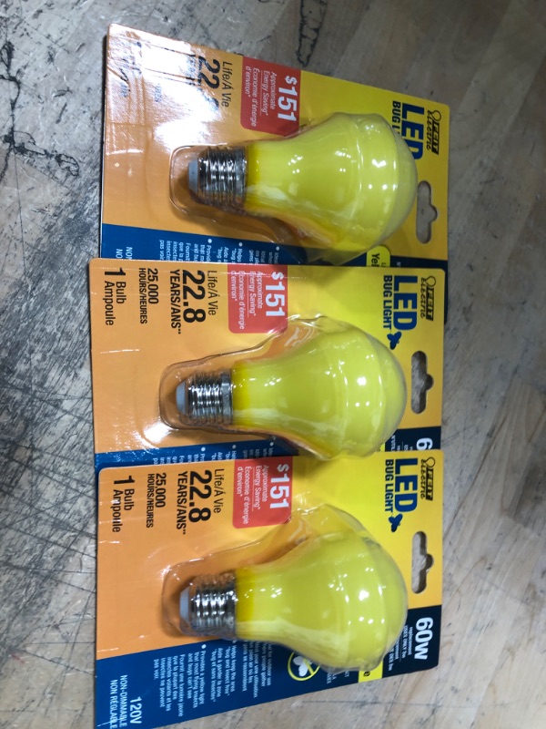 Photo 2 of 3-pack **60-Watt Equivalent A19 5-Watt Medium E26 Base Non-Dimmable Yellow Colored Bug LED Light Bulb
