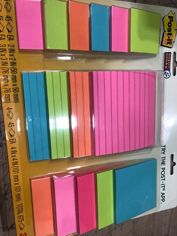 Photo 2 of Post-it Super Sticky Notes, Assorted Sizes, 15 Pads, 2x the Sticking Power, Miami Collection, Neon Colors (Orange, Pink, Blue, Green), Recyclable (4423-15SSMIA)
