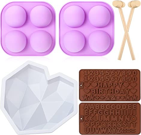 Photo 1 of 2-PACK ** 7 Pieces Heart Shaped Silicone Molds Chocolate Mold Diamond Mousse Cake Mold Sphere breakable Letter Number Shaped Mold and Wooden Hammer for Baking Chocolate Cookies Wedding Valentine's Party Supply
