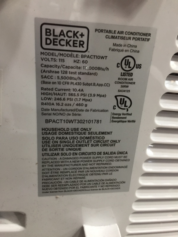 Photo 5 of **3 " fracture** on unit frame, see photo**
BLACK+DECKER 10,000 BTU Portable Air Conditioner with Remote Control, White

