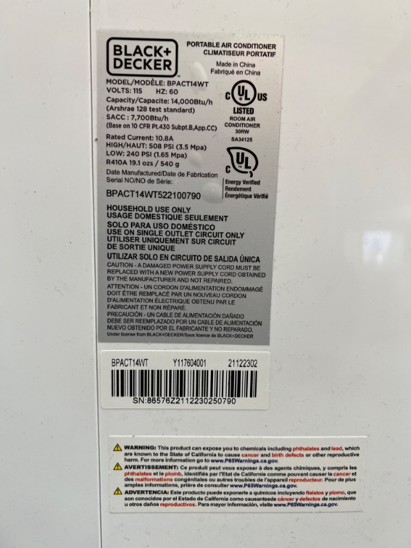 Photo 1 of BLACK+DECKER 14,000 BTU Portable Air Conditioner with Heat and Remote Control, White

