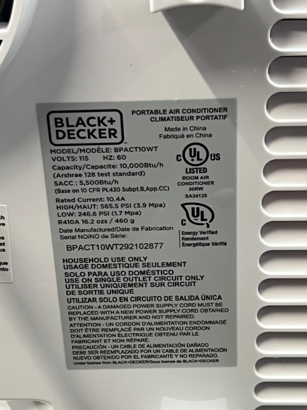 Photo 9 of BLACK+DECKER 14,000 BTU Portable Air Conditioner with Heat and Remote Control, White
