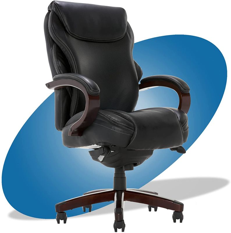 Photo 1 of La-Z-Boy Hyland Executive Office Chair with AIR Technology, Adjustable High Back Ergonomic Lumbar Support, Mahogany Wood Finish, Bonded Leather, Black
