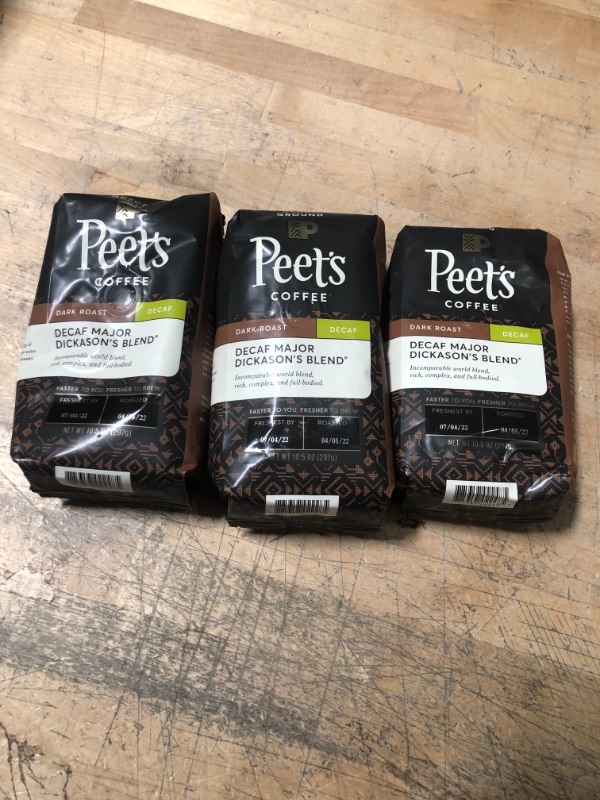 Photo 2 of "NON REFUNDABLE" Bundle of 3 
Peet's Coffee, Dark Roast Decaffeinated Ground Coffee - Decaf Major Dickason's Blend 10.5 Ounce Bag,
Best Use By 07/2022