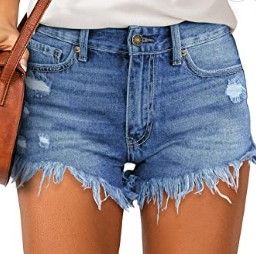 Photo 1 of luvamia Women's Casual Denim Shorts Frayed Raw Hem Ripped Jeans Shorts Blue Large 