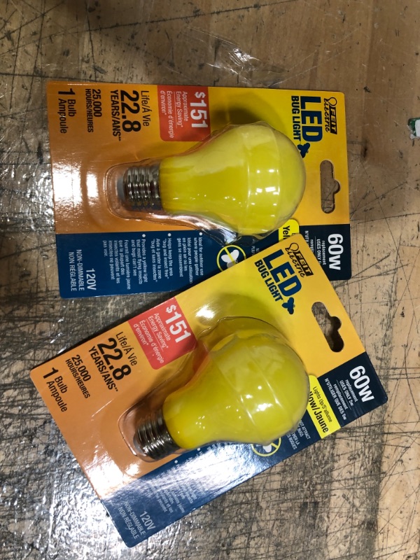 Photo 2 of Feit Electric LED 5W(60W Equivalent) Yellow Bug Light A19 E26 Non-Dimmable 2 pack 
