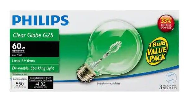 Photo 1 of 2-boxes **60-Watt Equivalent G25 Halogen Clear Decorative Globe Light Bulb (3-Pack)
