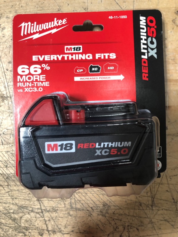 Photo 2 of 
Milwaukee
M18 18-Volt 5.0 Ah Lithium-Ion XC Extended Capacity Battery Pack
