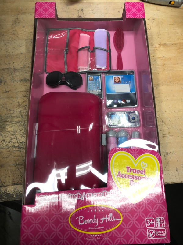 Photo 2 of Beverly Hills Doll Collection 18 Inch Doll Accessories Play Set - 16 Pcs American Doll Suitcase Travel Set Luggage Carrier with Sunglasses, Passport, Tickets, Camera, Pad, Phone, Hairbrush, and More
