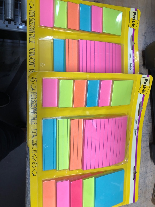 Photo 1 of 2 pack - Post-it Super Sticky Notes, Assorted Sizes, 15 Pads, 2x the Sticking Power, Miami Collection, Neon Colors (Orange, Pink, Blue, Green), Recyclable (4423-15SSMIA)
