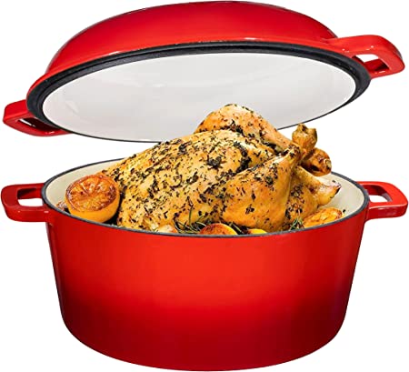 Photo 1 of 2 in 1 Enameled Cast Iron Double Dutch Oven & Skillet Lid, 5-Quart, Fire Red - Induction, Electric, Gas & In Oven Compatible
