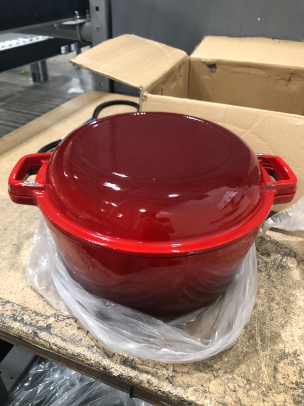 Photo 2 of 2 in 1 Enameled Cast Iron Double Dutch Oven & Skillet Lid, 5-Quart, Fire Red - Induction, Electric, Gas & In Oven Compatible
