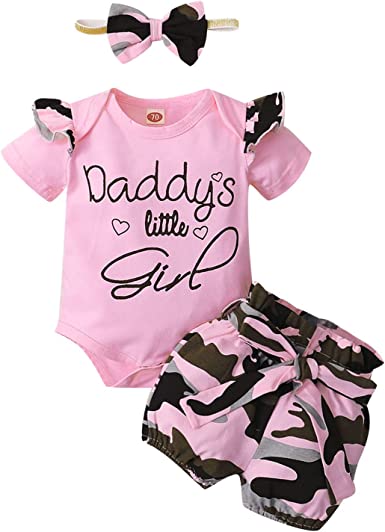 Photo 1 of TWO PACK: hirigin Newborn Baby Girl Short Sleeve 3Pc Outfits Daddys Little Girl Camo Ruffles Romper Shorts Clothes 3-6 months
