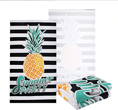 Photo 1 of 4 PACK: NovForth Microfiber Beach Towel for Women, Outdoors Pool Beach Towels for Gril, Oversized Classic Towels Pineapple 30"x 61", Cabana Stripe Quick Dry Absorbent (Pineapple-b1, 30"x 61")
