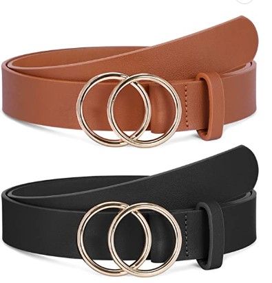 Photo 1 of 2 Pack Women Leather Belts Faux Leather Jeans Belt with Double O-Ring Buckle Size up to 53 inch