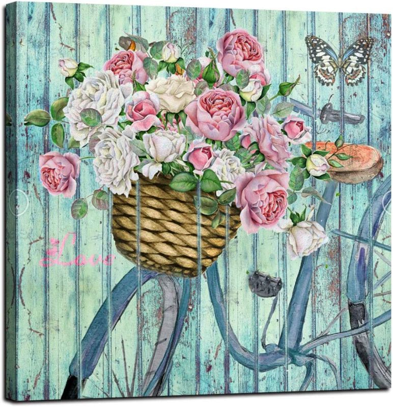 Photo 1 of Anolyfi Bathroom Wall Decor Bicycle & Flowers Canvas Art Butterfly Painting Nature Pink Roses Picture Artwork Vintage Prints Framed for Kitchen Dinning Room Living Room Bedroom Home Decor 14"X14" 2 SET
