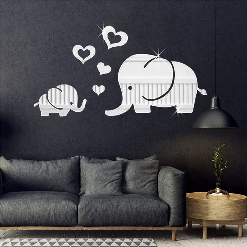 Photo 1 of 2- Elephant & Heart-Shaped Creative Mirror Wall Stickers, Reflective Acrylic Wall Mirror Decals, DIY 3D Wall Murals Decorations for Living Room, Bedroom, Sofa Backdrop