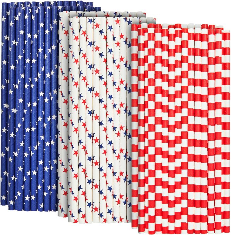 Photo 1 of 2 packs 150 Pack Disposable 4th of July Paper Straws, Red, White, and Blue American Flag Design for Patriotic Party Supplies, Memorial Day, Veterans (7.75 In)