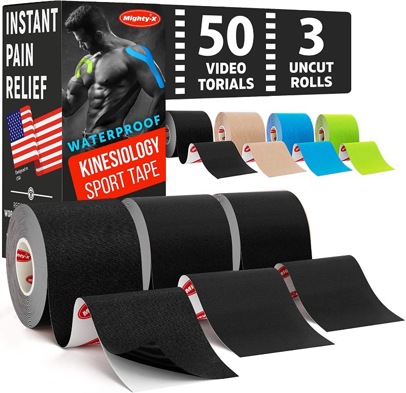 Photo 1 of (3 Uncut Rolls) Waterproof Kinetic Tape for Knees and Shoulders + 50 Video Guides - Immediate Pain Relief - Use as: Knee Tape, Muscle Tape, Shoulder Tape - 16.4ft - Latex Free - Great Adhesion