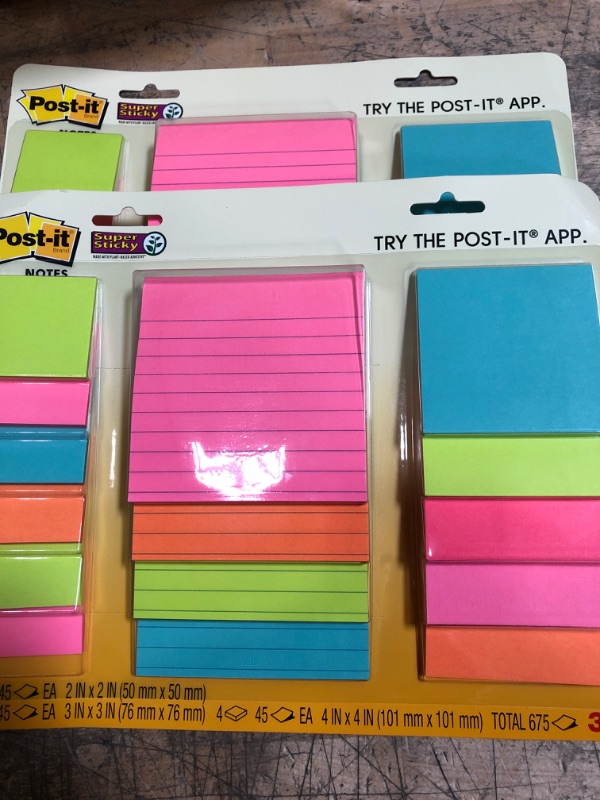 Photo 2 of Post-it Super Sticky Notes, Assorted Sizes, 15 Pads, 2x the Sticking Power, Miami Collection, Neon Colors (Orange, Pink, Blue, Green), Recyclable (4423-15SSMIA)