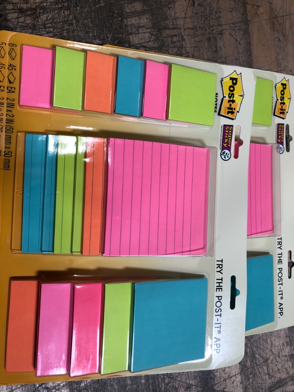 Photo 2 of 2- Post-it Super Sticky Notes, Assorted Sizes, 15 Pads, 2x the Sticking Power, Miami Collection, Neon Colors (Orange, Pink, Blue, Green), Recyclable (4423-15SSMIA)