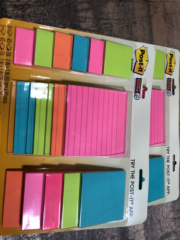 Photo 2 of 2-Post-it Super Sticky Notes, Assorted Sizes, 15 Pads, 2x the Sticking Power, Miami Collection, Neon Colors (Orange, Pink, Blue, Green), Recyclable (4423-15SSMIA)