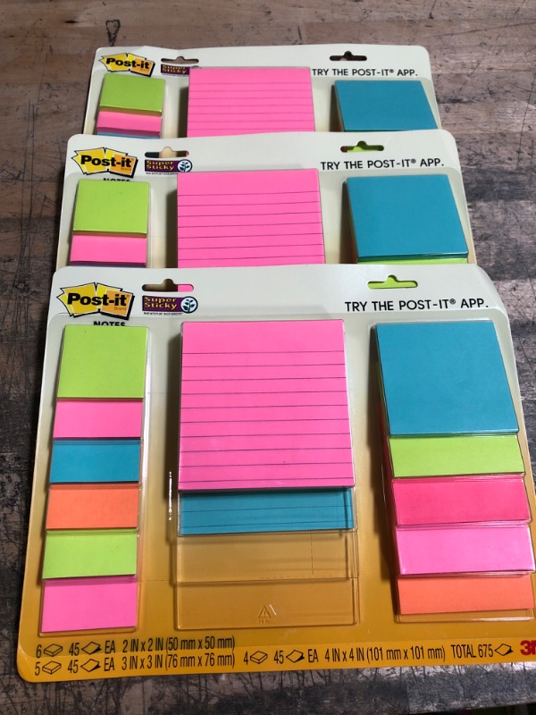 Photo 2 of 3-Post-it Super Sticky Notes, Assorted Sizes, 15 Pads, 2x the Sticking Power, Miami Collection, Neon Colors (Orange, Pink, Blue, Green), Recyclable (4423-15SSMIA)