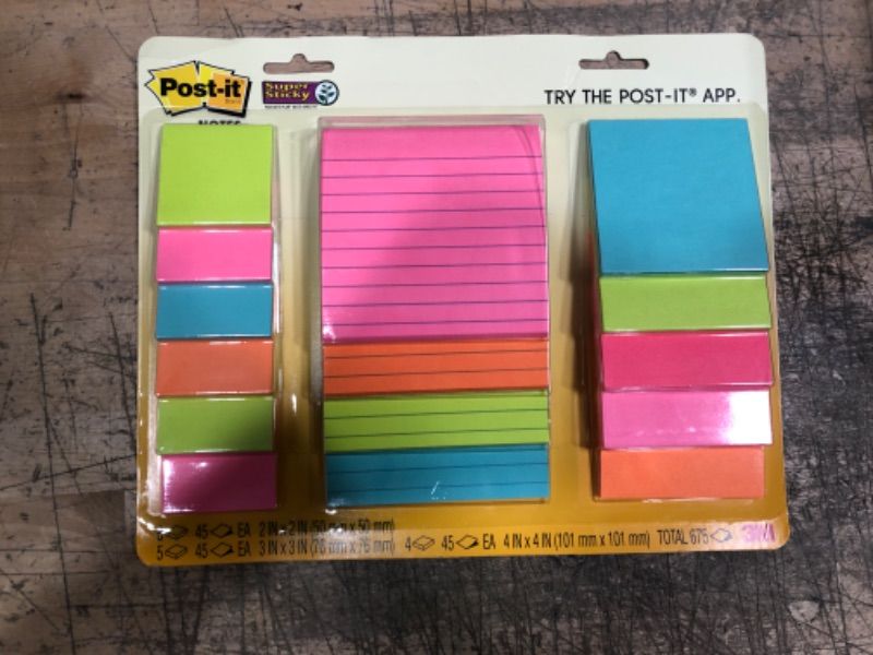 Photo 2 of Post-it Super Sticky Notes, Assorted Sizes, 15 Pads, 2x the Sticking Power, Miami Collection, Neon Colors (Orange, Pink, Blue, Green), Recyclable (4423-15SSMIA)
