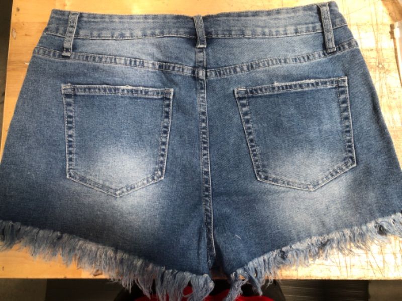 Photo 1 of LUVAMIA WOMEN'S CASUAL DENIM SHORTS FRAYED RAW HEM RIPPED JEAN SHORTS - SIZE LARGE