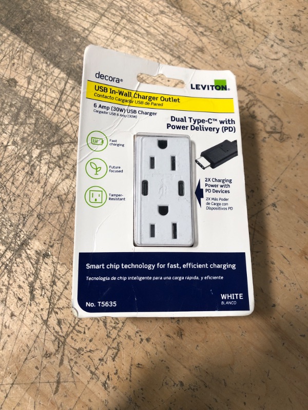 Photo 2 of 15 Amp White Duplex Tamper-Resistant Outlets with 6 Amp USB Dual Type-C Power Delivery In-Wall Chargers
