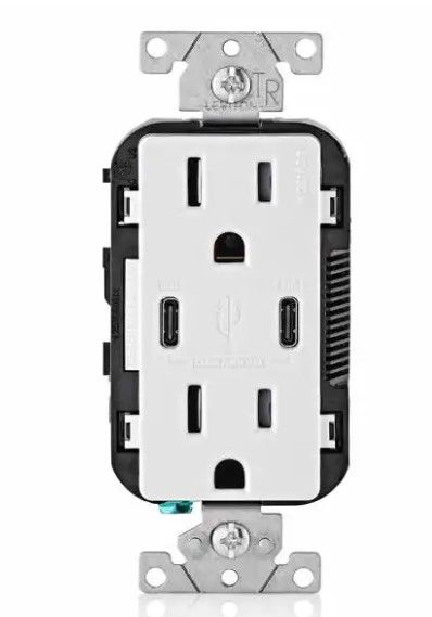 Photo 1 of 15 Amp White Duplex Tamper-Resistant Outlets with 6 Amp USB Dual Type-C Power Delivery In-Wall Chargers
