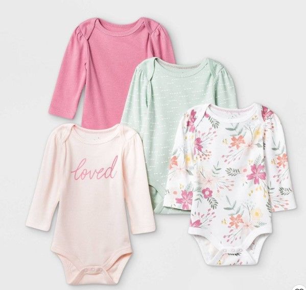 Photo 1 of ** SETS OF 12**
Baby Girls' 4pk Meadow Long Sleeve Bodysuit - Cloud Island™ Pink/Green/White
SIZE: 3-6 M