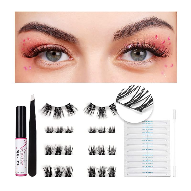 Photo 1 of CALAILIS DIY Eyelash Extension Kit,Individual Cluster Lashes Kit Faux Mink Lashes Naturals Super Thin Glue-based Band with 48 Hours Cluster Lash Glue, Tweezers and Cotton Swab Glue Remover,02 kit
