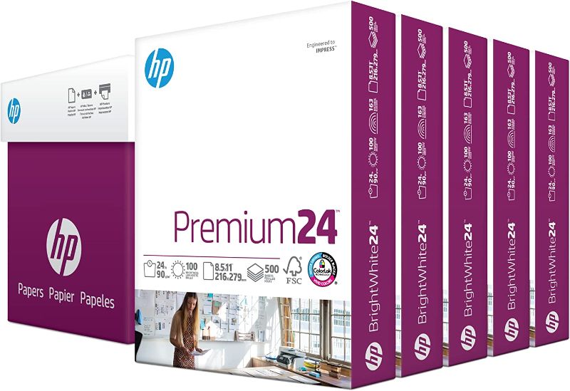 Photo 1 of HP Printer Paper | 8.5 x 11 Paper | Premium 24 lb | 5 Ream Case - 2500 Sheets | 100 Bright | Made in USA - FSC Certified | 115300C