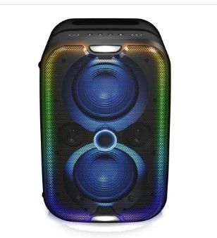 Photo 1 of Brookstone Big Blue Go Party Speaker, Built-in Qi Charging, High Power Portable Bluetooth Sound System, Adjustable LED Lights, High-Res Audio, Intense
