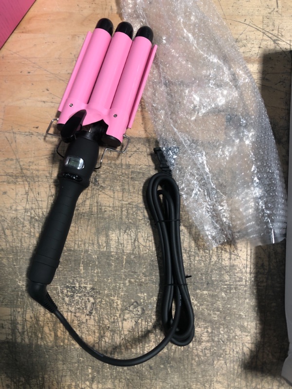 Photo 2 of Alure Three Barrel Curling Iron Wand with LCD Temperature Display - 1 Inch Ceramic Tourmaline Triple Barrels, Dual Voltage Crimp (Pink)
