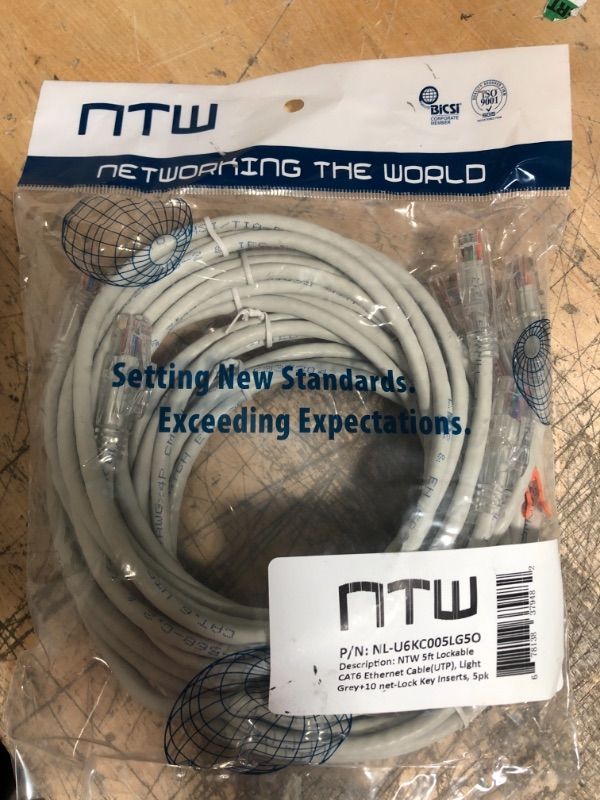 Photo 2 of NTW 5ft Lockable CAT6 Ethernet Cable, net-Lock RJ45 Ethernet Network Patch Cable (UTP), Snagless, Light Grey (NL-U6KC005LG5O) + 10 net-Lock Key Inserts, 5PK
