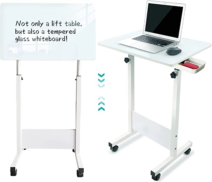 Photo 1 of KOUPA Writing Standing Desk, Writable Tempered Glass Desktop with Eraser, Adjustable Small Desk, 360° Flip Up and Down at Will with Wheels, 24 x 16 in, White?Adjustable Height: 32-47 in?
