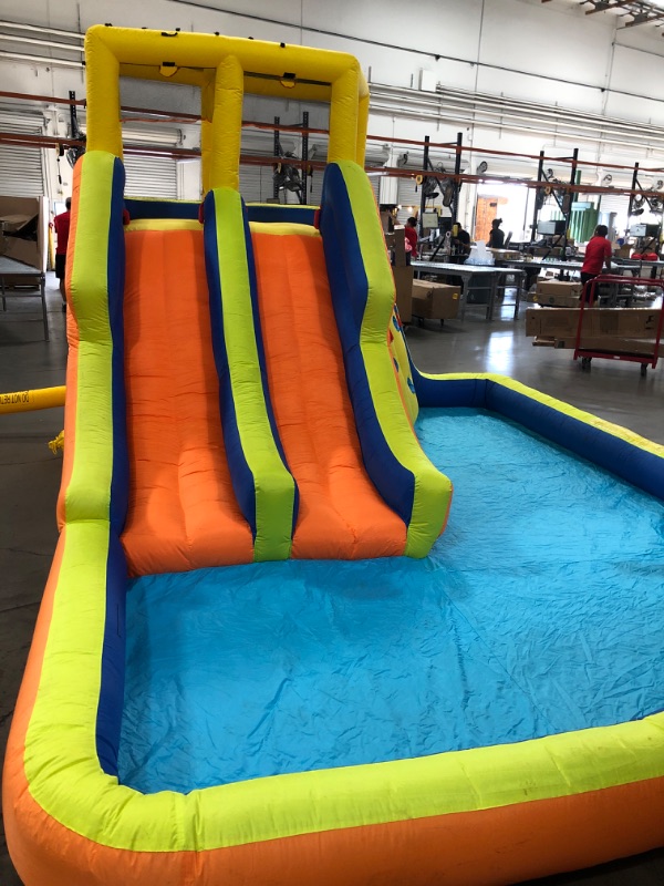 Photo 1 of BANZAI Double Drench Water Park, Length: 15 ft, Width: 11 ft 5 in, Height: 8 ft 4 in, Inflatable Outdoor Backyard Water Slide Splash Toy