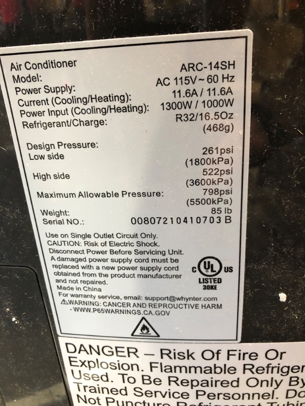 Photo 5 of Whynter ARC-14SH 9000 BTU (14 000 BTU ASHRAE) Portable Air Conditioner Dual Hose with Heat
