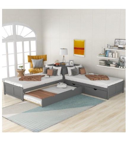 Photo 1 of **box 1 only** L-shaped Platform Twin Bed with Trundle and Drawers Linked with built-in Desk,Gray