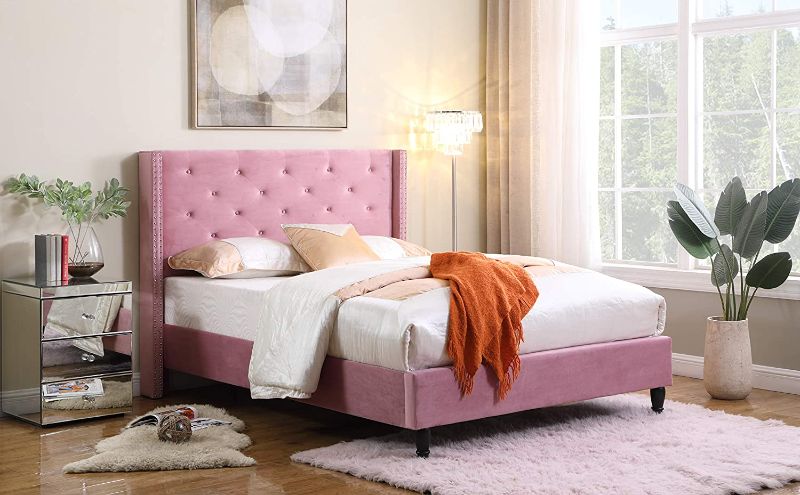 Photo 1 of **INCOMPLETE BOX 1 OF 2 ONLY **Home Life Premiere Classics Velour Pink 51" Tall Headboard Slats Platform Bed
