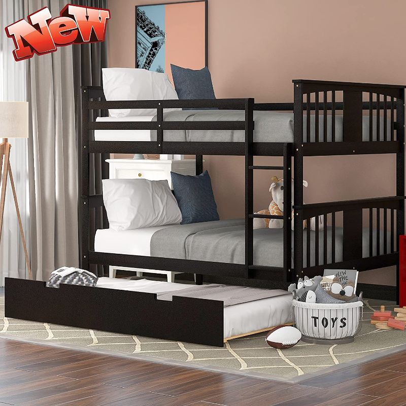 Photo 1 of **INCOMPLETE BOX 2 OF 2 ONLY**TWIN Over TWIN Bunk Bed with Trundle, Convertible Solid Wood Full Size Bunk Bed with Ladders & Safe Guardrail for Kids Boys Girls Adults, Quick Assembly (Espresso)
