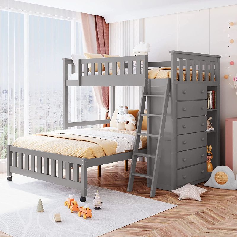 Photo 1 of **INCOMPLETE BOX 1 OF 3 ONLY**Merax Twin-Over-Full Bunk Bed with Six Drawers and Adjustable 3-Tier Shelves, Solid Wood Loft Bed Platform Bed with Ladder and Guardrail, Grey
