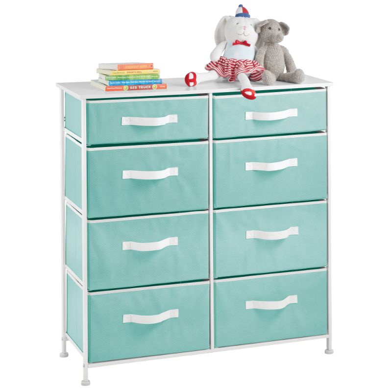 Photo 1 of 8 Drawer Fabric Dresser Storage Organizer Table in Turquoise/White, 33.8" X 11.8" X 35.3", by MDesign
